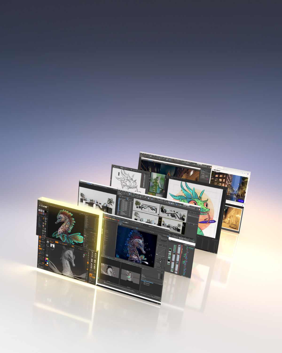 计算机屏幕显示多张图像，展示 RTX 2000 的强大功能