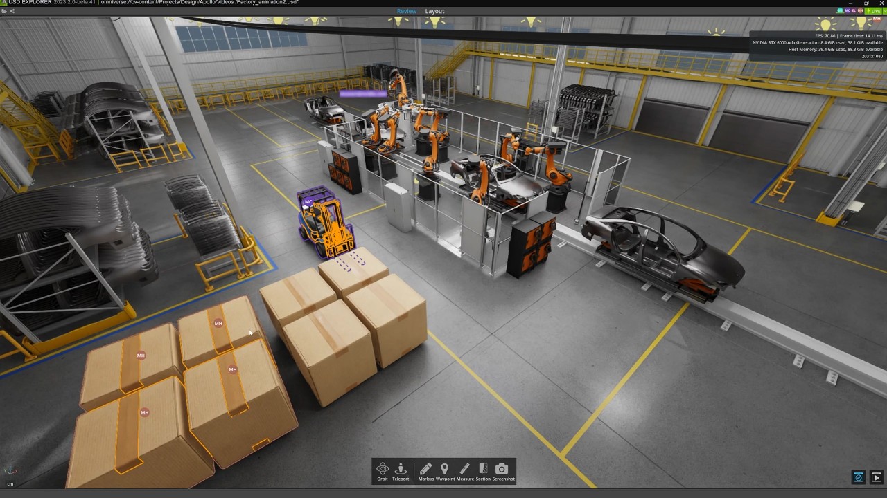 With USD Explorer review large facilities such as factories, warehouses & more.